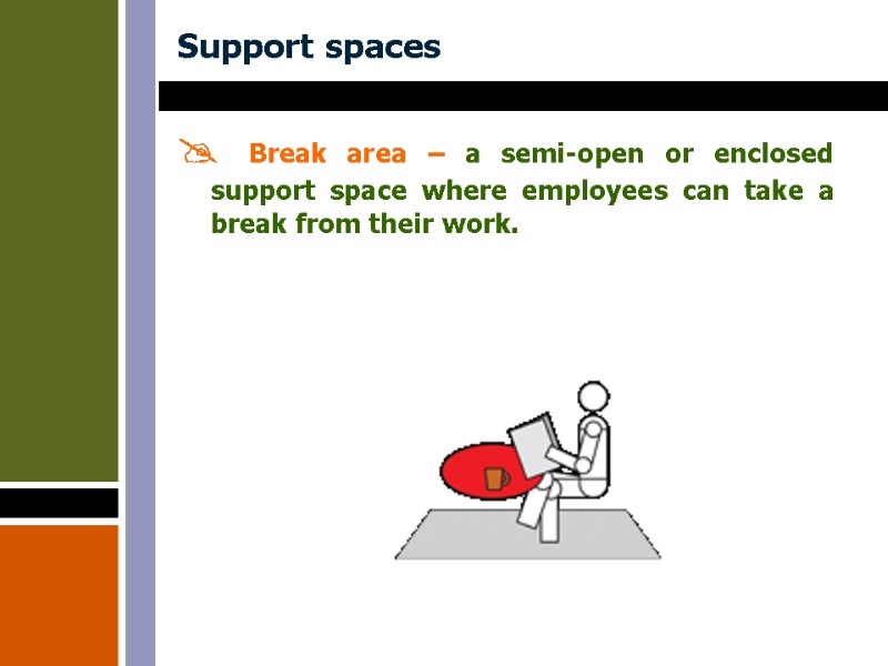 Support spaces  Break area – a semi-open or enclosed support space where employees